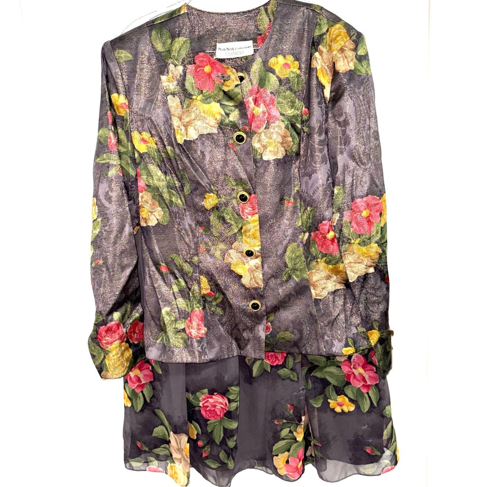 Floral Button Front Skirt Set in Gray with Pink & Yellow Blooms